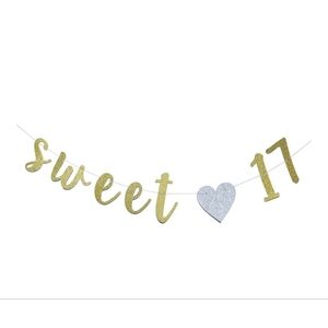 Sweet 17 Banner Gold Glitter with Heart for 17th Birthday Party Decorations Supp